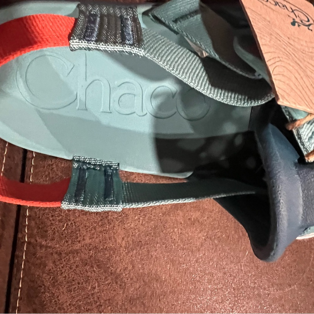 Chaco Teal Blue Chillos Slip-On Clog Sandals with Orange Heel Strap NWT - Picture 4 of 6